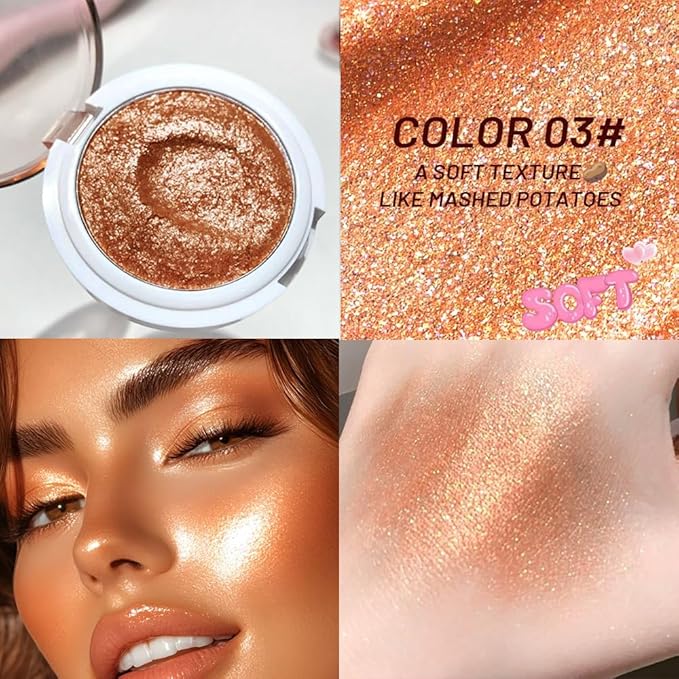 Highlighter Makeup Palette for Blush,Contour,Shadow,Face or Eye Makeup, Shimmer Glow, Creamy Mousse Pressed Powder, Intensely Pigmented, Glitter Sparkling (B03-03# Champagne Gold)