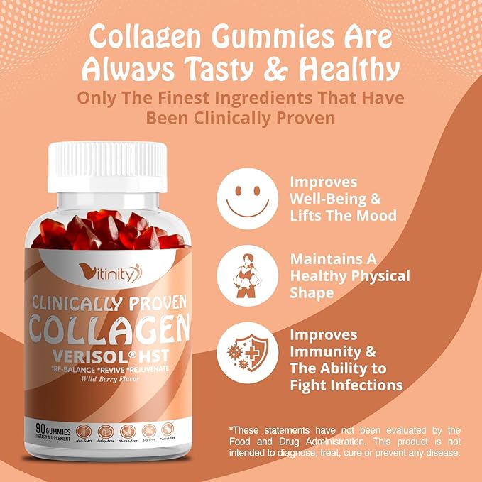VITINITY VERISOL® HST+HA+VIT C Collagen Hard Chewy Gummies Clinically Proven Beauty.Firmer,Smoother Skin,Fewer Wrinkles,Reduced Cellulite.True Beauty from Within.The Look-Good Feel-Good -30 Day Supply