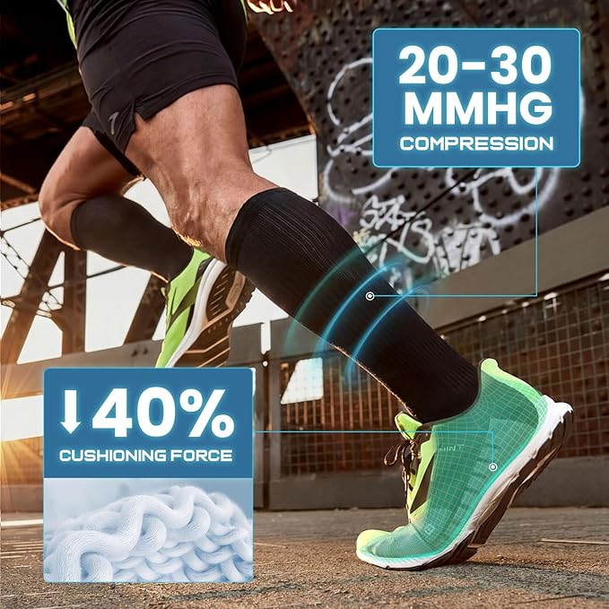 Rahhint Coolmax 20-30 mmHg Compression Running Socks, Long Distance Anti Blister Cushion Moisture Wicking Tall Athletic Socks