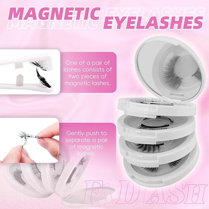 FADLASH Magnetic Eyelashes with Applicator Reusable Magnetic Lashes Natural Look 4 Pairs with Clamp No Glue Needed False Eyelashes Kit Easy to Wear (KS01+B1+MC+K8)