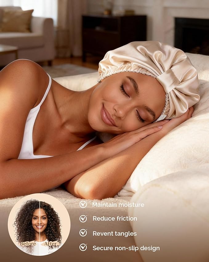 YANIBEST Adjustable Satin Bonnet for Sleeping with Elastic Band, Double Layer Hair Wrap for Natural Curly Hair, Reduce Frizz
