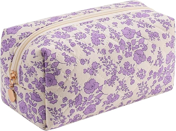 Cute Floral Makeup Bag Small Cotton Quilted Cosmetic Bag, Aesthetic Essential Bag Emergency Bag Gift for Women Girls Travel Accessories (Light Purple Floral)