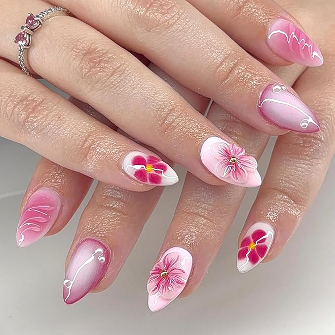 24Pcs Pink Press on Nails Floral False Nails Medium Almond Nails for Summer,Handmade Manicure Flower Nails Press On Nails Design with Adhesive Nail File Set Acrylic Nail for Women