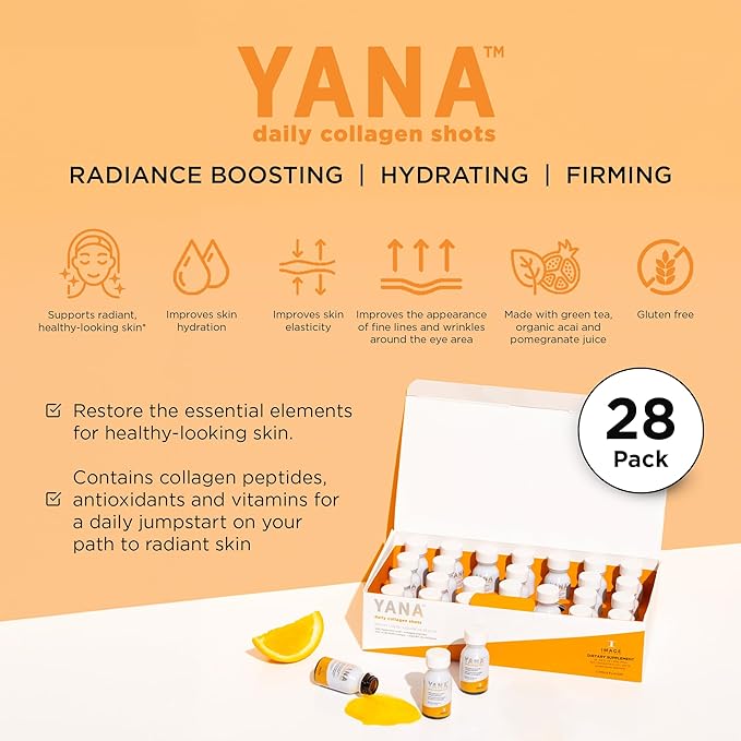 IMAGE Skincare, YANA Liquid Collagen Shots, 2500 mg Hydrolyzed Bovine Collagen Peptide Supplement with Biotin, Natural Citrus Flavor, 28 Daily Shots