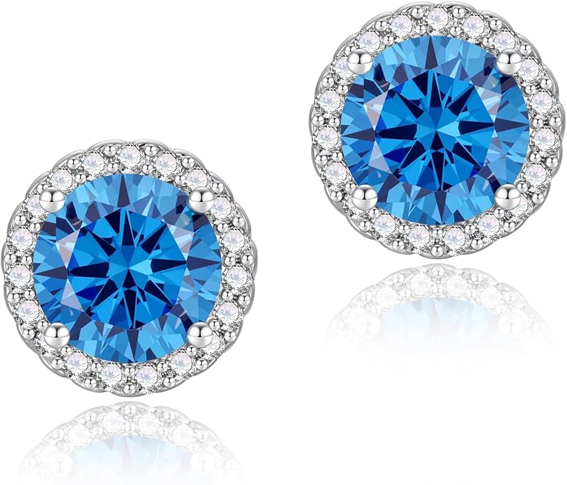YOMELA Cubic Zirconia Earrings Studs, Halo CZ Birthstone Simulated Diamond Stud Earrings for Women