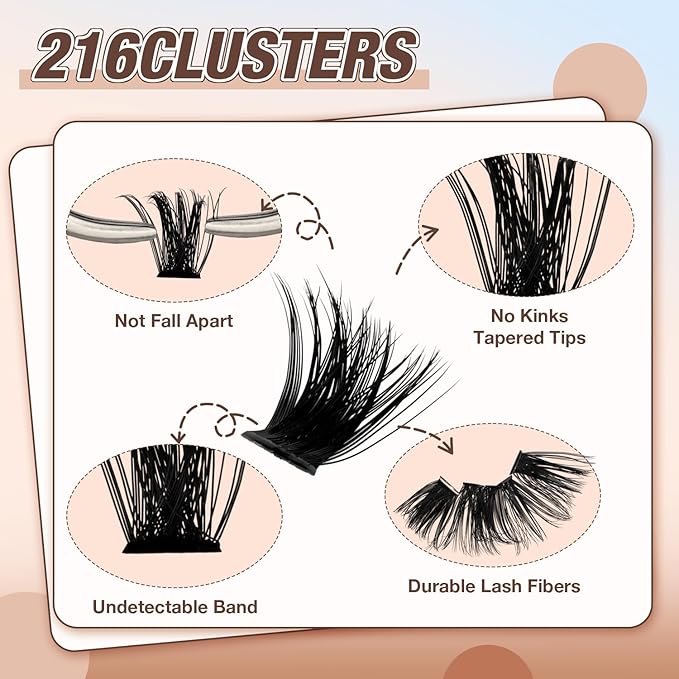 AILAISHI Lash Clusters Kit, DIY Cluster Eyelash Extensions 10‑20mm, 80D+100D, 216pcs Fluffy D Curl Natural Lashes with Bond & Seal,Tweezers–Fake Cat Eye Individual Clusters