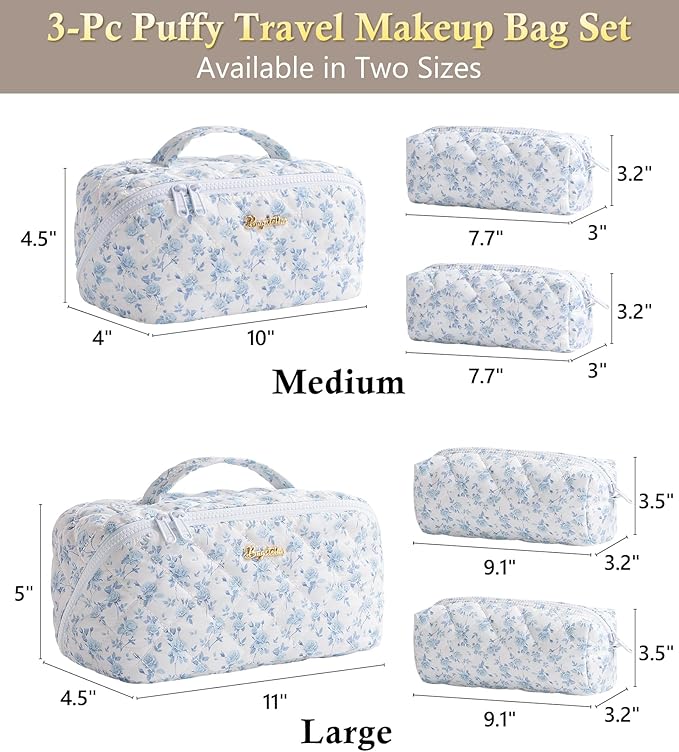 Travel Makeup Bag, 3 Pcs Large Capacity Puffy Toiletry Bag for Women, Open Flat Make up Cosmetic Organizer w/Handle & Clear Divider Water-resistant Portable Pouch Travel Essentials, L-Blue Floral