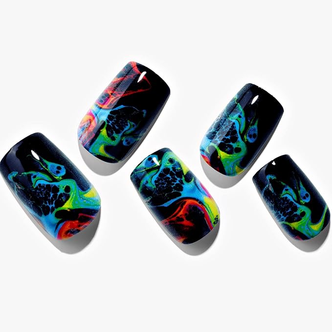 GLAMERMAID Black Press on Nails Medium Square, Tie Dye Gothic Gel False Nals, Ombre Color Oil Paint Emo Glue on Nails Kit for Women, Dark Comic Reusable Stick on Acrylic Fake Nails Manicure Set
