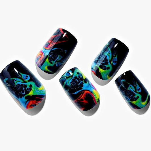 GLAMERMAID Black Press on Nails Medium Square, Tie Dye Gothic Gel False Nals, Ombre Color Oil Paint Emo Glue on Nails Kit for Women, Dark Comic Reusable Stick on Acrylic Fake Nails Manicure Set