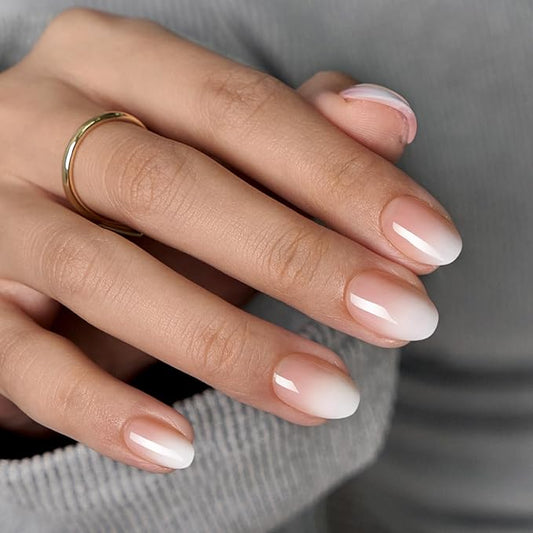 BTArtbox Press On Nails Almond - Extra Short Press On Nails, Nude White Ombre Soft Gel Nails, Natural Reusable Stick On Nails in 16 Sizes - 32 Fake Nails Kit
