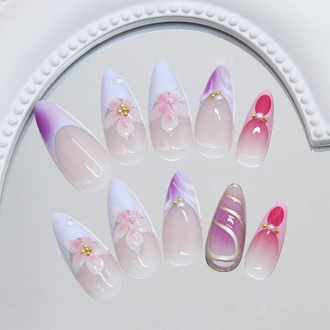 JONKASIPA 24 Pcs Press On Nails, Pink Acrylic Fake Nails French 3D Flower Pearls Decorative Nail Art for Women