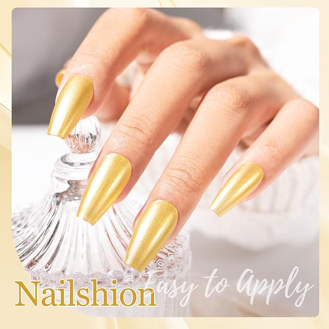 Nailshion Metallic Gold Nail Polish with Base Top Coat 3 IN 1 Nail Strengthener, Quick Dry Clear & Liquid Golden Nail Polish Duo, Opaque, Non-Gel, Professional Nails Art Kit Home Manicure DIY Gift