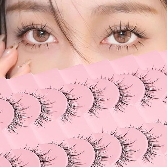 outopen 10 Pairs Manga Lashes Natural Look False Eyelashes Wispy Spiky Anime Lashes Korean Japanese Asian Style Cosplay Fake Eyelashes with Clear Band