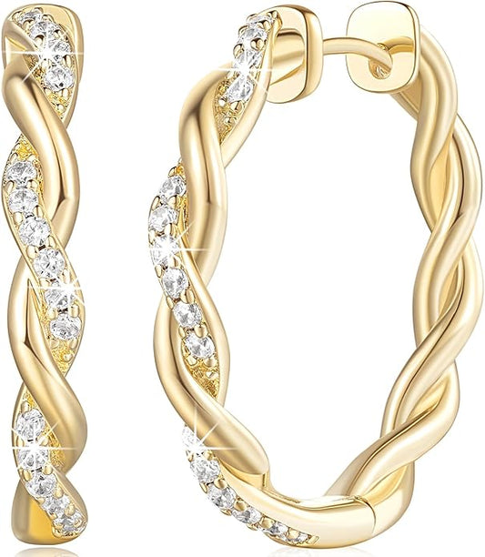 ENROSE Gold Plated Hoop Earrings 14K Gold Plated Earring for Women Twisted Large Hoop Earrings Minimalist Diamond Earring Jewelry 29mm*4mm