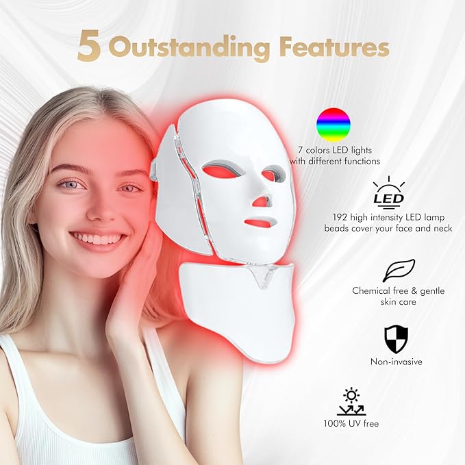 SDKWDH Red Light Photon Facial Mask with Remote Control, 7 Custom Modes with Infrared, Portable with Timer for Home Use