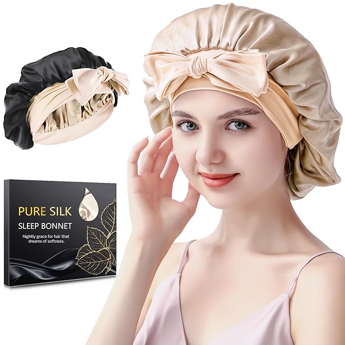 Silk Bonnet for Sleeping Women, 22 Momme 100% Mulberry Silk Sleep Cap, Double-Layer Reversible Silk Hair Wrap for Women & Night Hair Care, Fits All Hair Types – Champagne