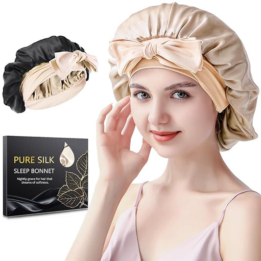Silk Bonnet for Sleeping Women, 22 Momme 100% Mulberry Silk Sleep Cap, Double-Layer Reversible Silk Hair Wrap for Women & Night Hair Care, Fits All Hair Types – Champagne
