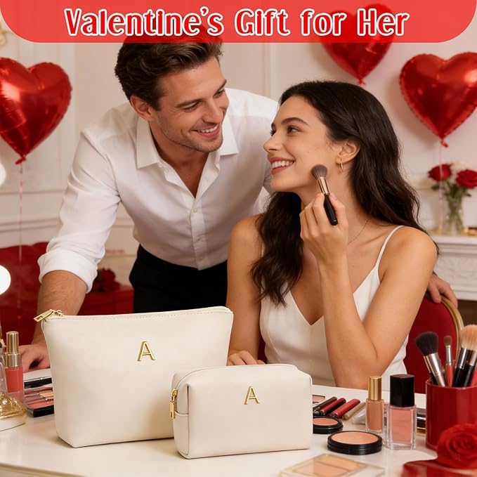Valentine's Day Gifts for Women Girlfriend Initial Makeup Bag for Teen Girls Personalized Gifts for Friend Teacher Mom Wife Cosmetic Travel Toiletry Bag(Beige,I)