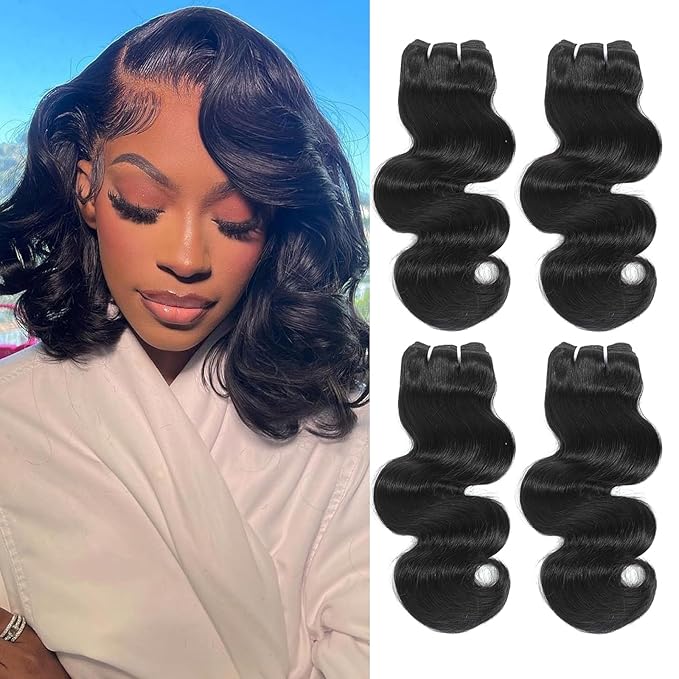 Body Wave Bundles Human Hair 4 Bundles 12 14 Inch 12A Human Hair Bundles 100% Unprocessed Brazilian Virgin Hair Weave Bundles Human Hair Natural Black Deals for Women (12/12/14/14 Inch, 4 Bundles)