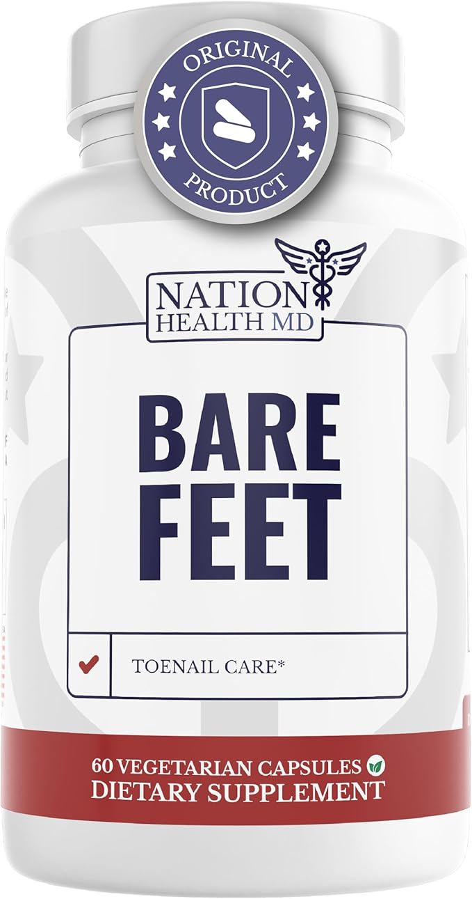 NATION HEALTH MD Bare Feet - Toenail Care - Nails Supplement with Vitamin A, Vitamin C, Oregano Powder and More - Nail Repair, Growth and Nail Care – Foot Health, 60 Capsules