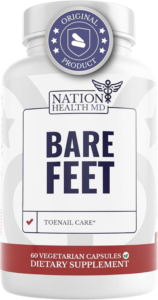 NATION HEALTH MD Bare Feet - Toenail Care - Nails Supplement with Vitamin A, Vitamin C, Oregano Powder and More - Nail Repair, Growth and Nail Care – Foot Health, 60 Capsules