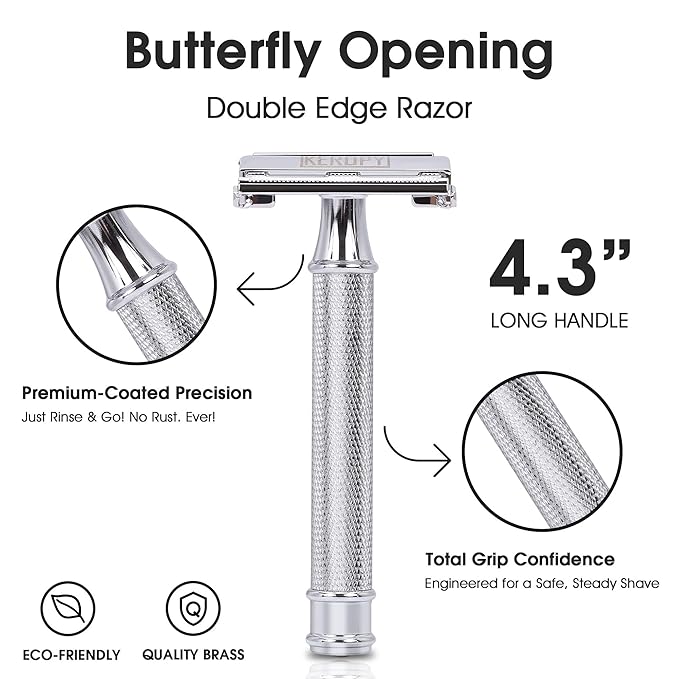 Safety Razor for Men, Premium Stainless Steel Butterfly Open Comb DE Razor, Weighted Heavy Handle with 10 Double Edge Blades, Mirror Polished Silver - Luxury Gift Set for Dad, Groom