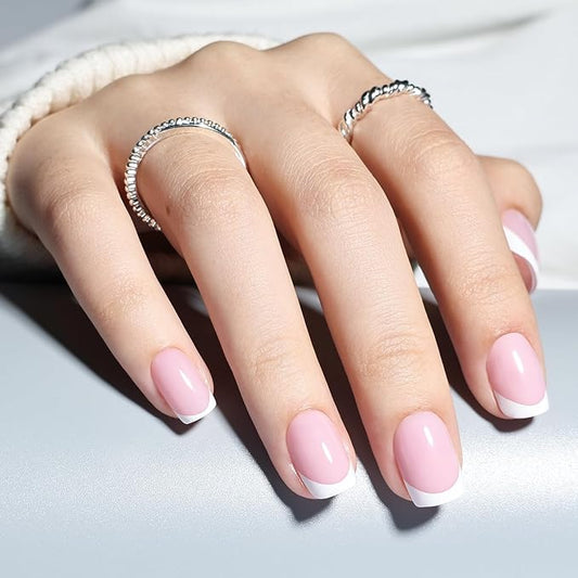 Leefrei French Tip Press On Nails - Short Square Press on Nails Pink White Tips Nails Press Ons for Women Fake Nails with Glue, Glossy Reusable Glue on Nail in 15 Sizes - 30pcs, Dusty Lavender