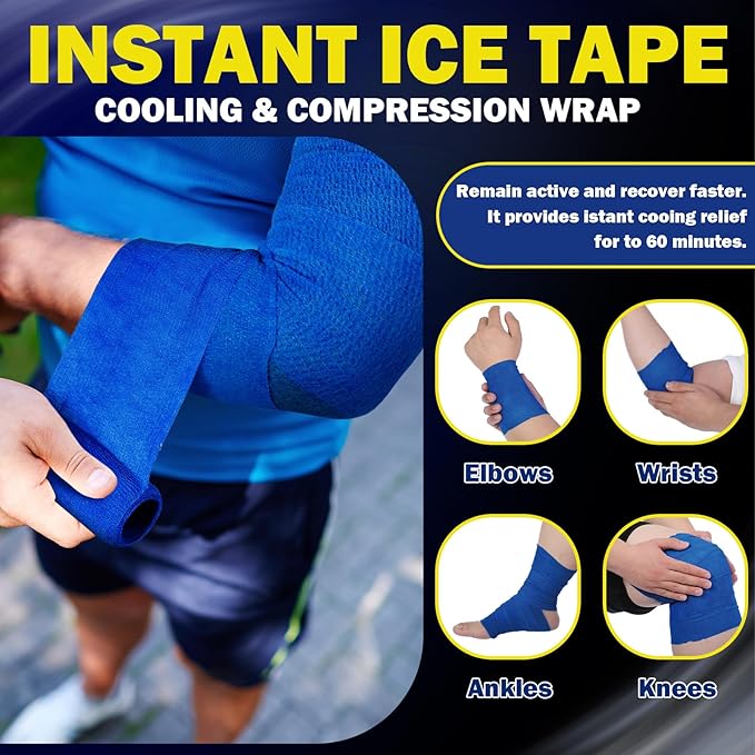Geiserailie 2 Pcs Instant Cooling Ice Tape Self Sticking Compression Wrap Reusable Sport Ice Tapes No Refrigeration Needed Athletic Muscle Bandage for Pain Relief and Swelling(Blue,4 Inches)