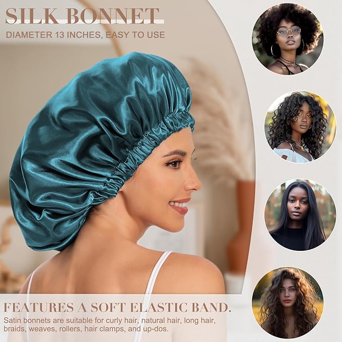 Satin Bonnet Silk Bonnet Hair Bonnet for Sleeping-Slouchy Beanie Hat Satin Sleep Cap for Women's Natural & Curly Hair(2Pcs Blue Zircon)