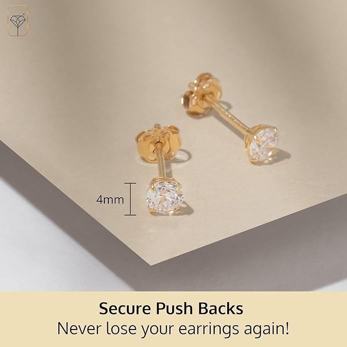 14k Gold Solitaire Round Cubic Zirconia Earrings Studs for Women & Men | Anti Tarnishing CZ Stud Earrings with 14k Gold Butterfly Pushbacks | 4MM-7.5MM by MAX + STONE