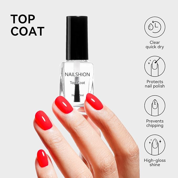 Nailshion Clear Top Coat and Sheer Pink Base Coat Ridge Filler Strengthening Anti Chip Nail Polish, Non Gel, Rich in Castor Oil, Salon Quality, High Glossy Quick Dry Home DIY Nail Art Gift Set