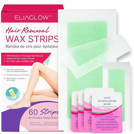 60 PCS Wax Strips for Hair Removal: 40 Body & 20 Facial Hair Removal for Women - Waxing Kit for Women, Face, Eyebrow, Arms, Legs, Chest, Back, Bikini/Brazilian Waxing Strips & 4 Calming Oil Wipes