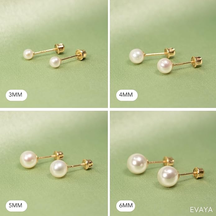 14k Gold Pearl Stud Earrings for Women (3mm-6mm Diameter) - Freshwater Pearl, Real Solid 14k Gold, Secure Screw Back Design