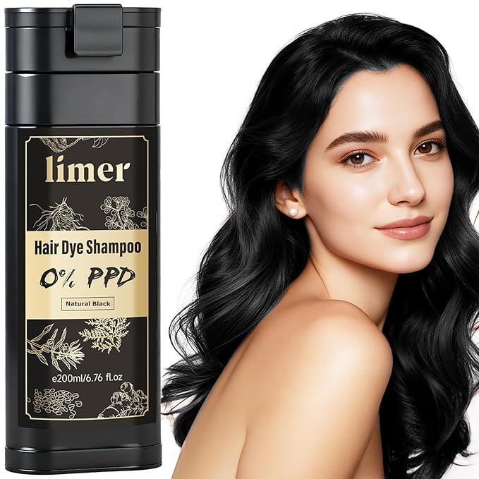 Limer Hair Dye Shampoo Natural Black Color, PPD-Free for Sensitive Scalp, 6 in 1 Herbal Gentle Formula Gray Coverage for Men Women, Ammonia-Free, Semi-Permanent (6.76fl oz/200ml)