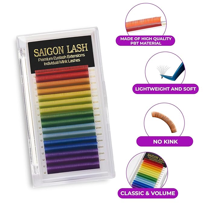 SAIGON LASH Eyelash Extensions, Mink Lash, Volume & Classic Lashes for Professionals, J/B/C/CC/D/L/M Curl, 4-15mm Length, Soft Korean PBT Fiber, 16 Rows Lash Tray (Rainbow-D-0.07-9mm)