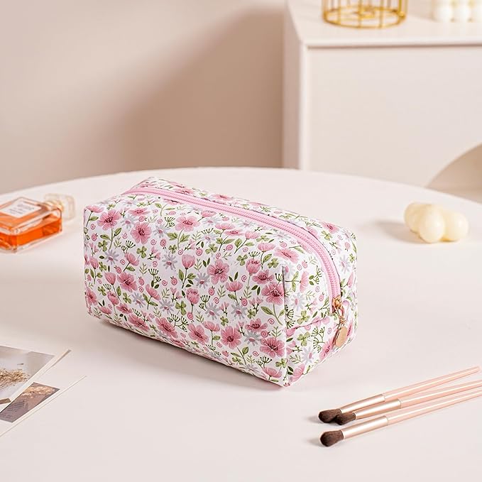 Cute Floral Makeup Bag Small Cotton Quilted Cosmetic Bag, Aesthetic Essential Bag Emergency Bag Gift for Women Girls Travel Accessories (Pink Big Flowers)