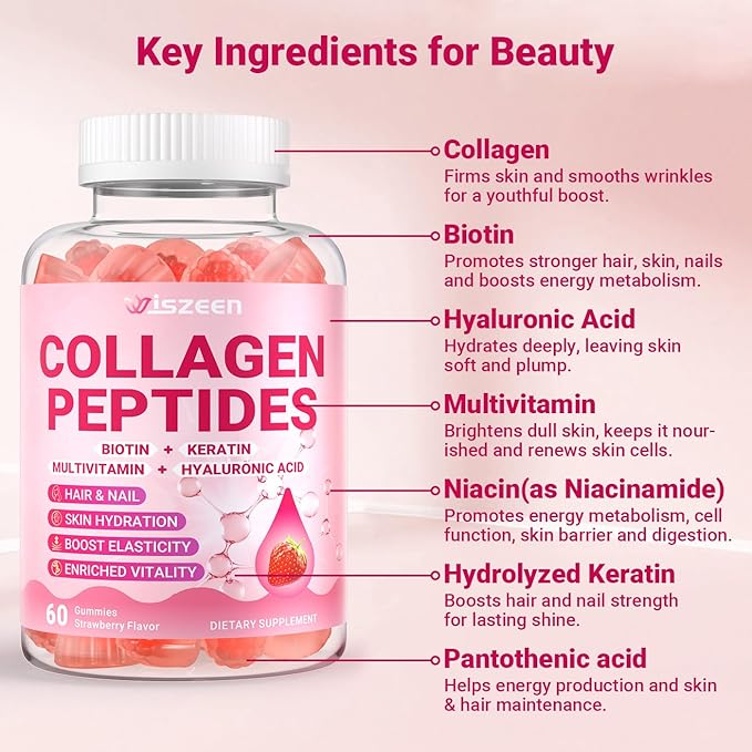 Wiszeen Collagen Gummies for Women - Sugar-Free Hydrolyzed Collagen Gummy with Biotin, Hyaluronic Acid & MultiVitamins, Type I, II, III, V & X Collagen Peptides - Promote Skin/Hair/Nail/Bones, 60 Cts