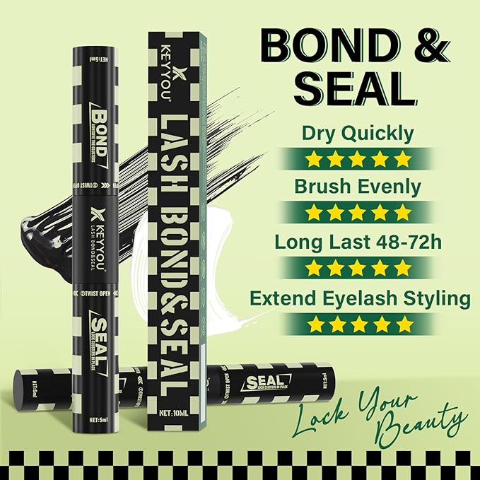 KEYYOU Lash Bond and Seal Black Bond and Seal Lash Glue 10ML Lash Cluster Glue Mascara for Long Lasting WaterProof Lash Extension Black-5ml+5ml