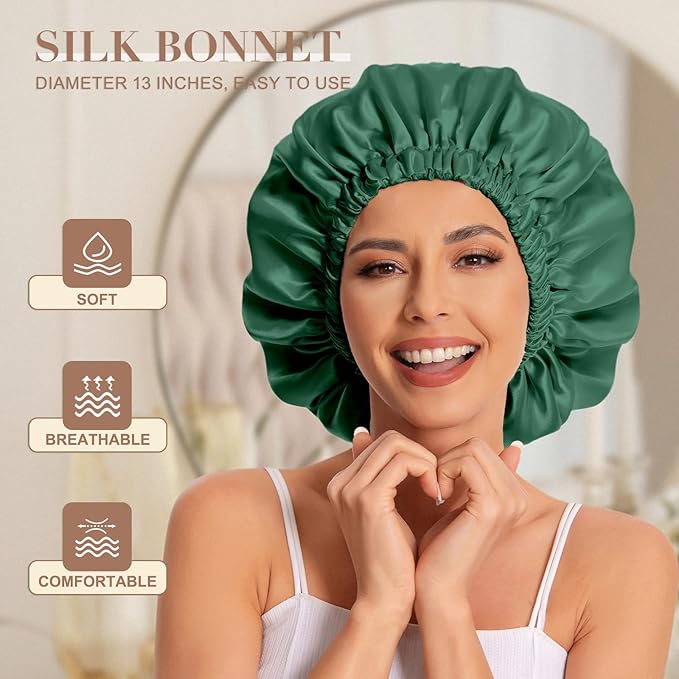 Satin Bonnet Silk Bonnet Hair Bonnet for Sleeping-Slouchy Beanie Hat Satin Sleep Cap for Women's Natural & Curly Hair(Blue Zircon&Blackish Green)