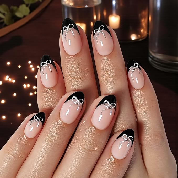 RPNZL Press On Nails - Black Tie | Black French Tip Press on Nails with 3D Bow Design - Soft Gel Almond Fake Nails I 32 Nails, 16 Sizes Kit with Glue and Adhesive Tabs I Female Founded