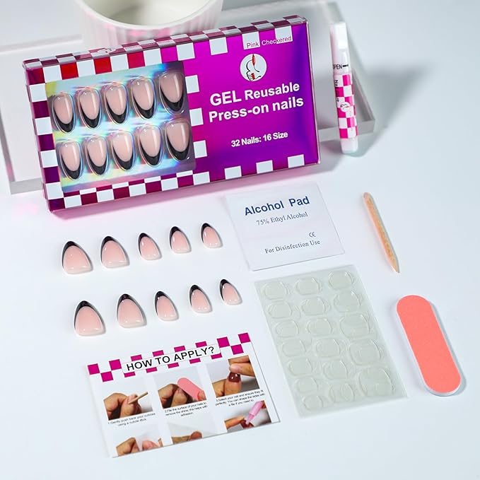 Black French Tip Gel Press On Nails Almond Short 16 Sizes Fake Nails 32Pcs Glossy, Nail Glue Included