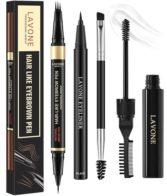 Eyebrow Pencil Kit, with Microblading Eyebrow Pen, Eyebrow Gel, Eyeliner, Eyebrow Brush, Eyebrow Pencils for Women, Waterproof, Smudge Proof, Long Lasting Makeup Formula - Black Brown