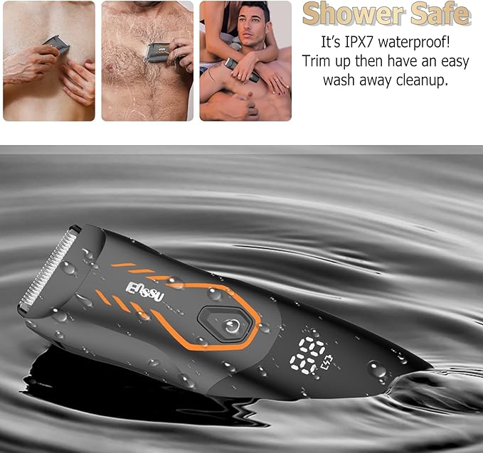 ENSSU Manscape Body Hair Trimmer for Men, Pubic Groin Hair Trimmer for Men with Safe Blade,Cordless Ball Shaver w/Light, Charging Dock,Waterproof Body Groomer Man,LED Display,1H Charge,Orange