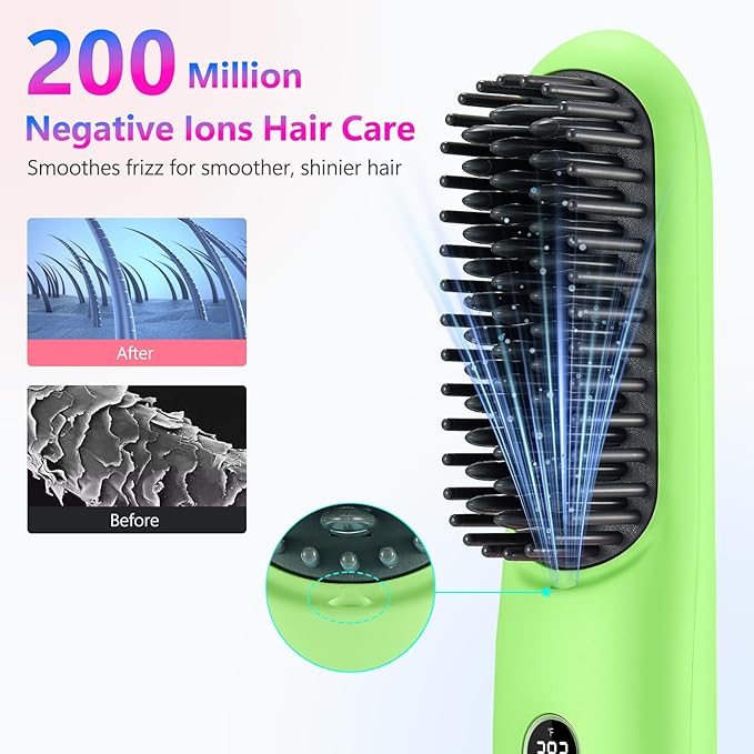 STUDLLY LCD Screen Cordless Hair Straightener Curler 2 in 1, Portable Mini Hair Straightening Brush for Travel Negative Ionic Fast Heating Hot Comb for Women, Folding Brush with Mirror, Green