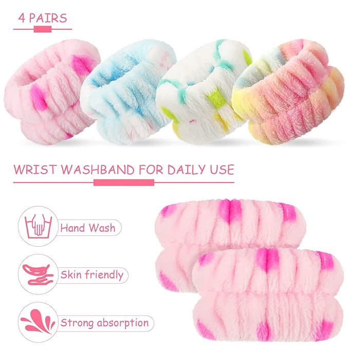Chuangdi 4 Pairs Wrist Bands for Washing Face Wrist Spa Microfiber Wash Towel Band Scrunchies Absorbent Wristbands Sweatband for Women Prevent Liquid from Spilling(Brisk Colors)