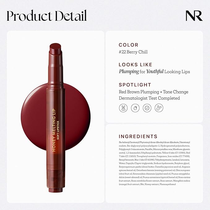 Nature Republic HONEY MELTING LIP PLUMPING (22 BERRY CHILL) SOFT LIP STICK, Hydrating Gloss, Moisturizing balms, Volumizing formula & Sheer tint, Glowy Finish, korean make up