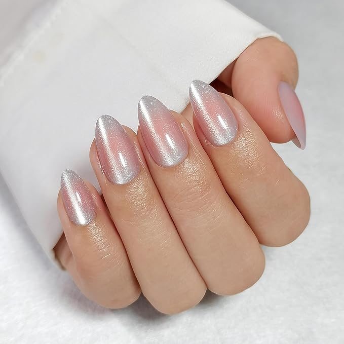 RPNZL Press On Nails - Halo | White and Pink Cat Eye, UV Finish Medium Almond Nails, Salon Quality | 32 Nails, 16 Sizes Kit with Glue and Adhesive Tabs I Female Founded