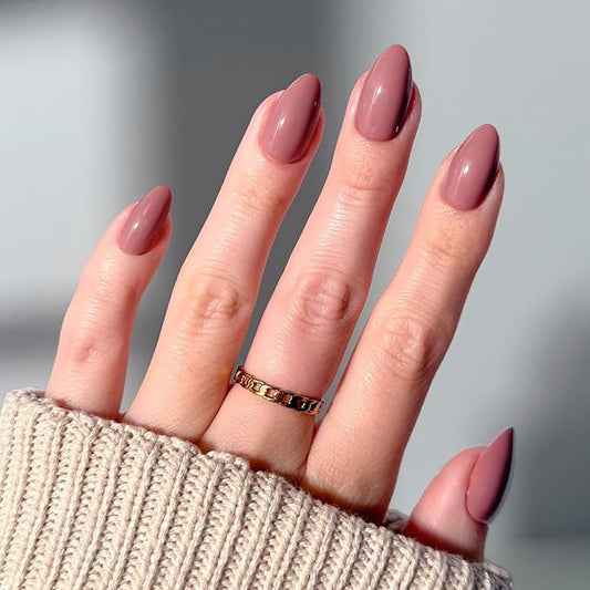 Glamnetic Press On Nails - Mauve Obsession | Short Almond Muted Purple Fake Nails, Salon Quality Nails | 15 Sizes - 30 Nail Kit with Glue