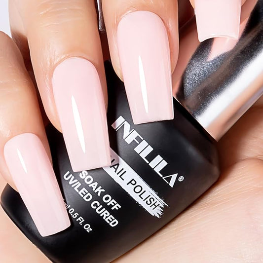 NXJ INFILILA Light Pink Gel Nail Polish, 15ml Baby Milky Pink Soak Off UV LED Gel Polish Long Lasting Shiny, Nude Jelly Sheer Translucent Color for Salon and Nail Art DIY at Home N08