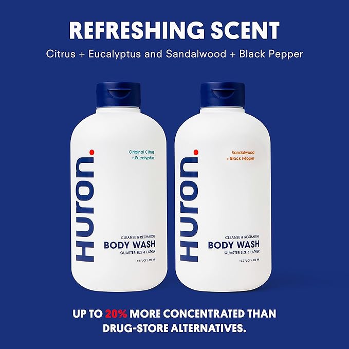 Huron Men’s Moisturizing Body Wash – Crisp & Invigorating Scent of Citrus, Eucalyptus, Mint, & Aromatic Greens - Coconut Oil, Vitamin E & Witch Hazel – Vegan, Cruelty-Free - 12.2 fl oz (2 Pack)
